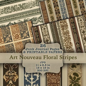Art Nouveau Floral Stripes Printables Aged Elegant Muted Colors Junk Journal Pages Vintage Decorative Art SEAMLESS Papers & Backgrounds