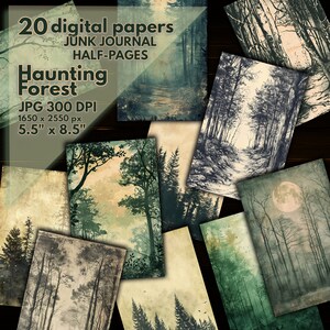 Haunting Forest Junk Journal Half Pages, Forest Silhouette DIGITAL Papers, Spooky Trees Prints & Backgrounds, Ephemera Ominous Woods Bundle