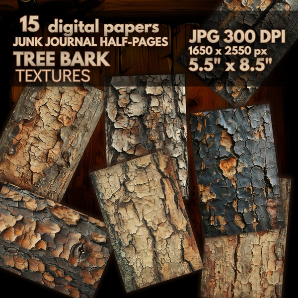 Tree Bark Junk Journal Half Pages, Tree Bark DIGITAL Papers, Tree Bark Textures, Wood Prints & Backgrounds, Ephemera Wooden Set of 15