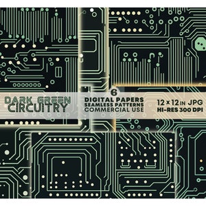 Dark Green Circuit Board SEAMLESS Patterns Printable Circuitry DIGITAL Papers Tech Backgrounds