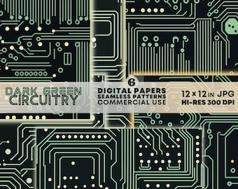 Dark Green Circuit Board SEAMLESS Patterns Printable Circuitry DIGITAL Papers Tech Backgrounds