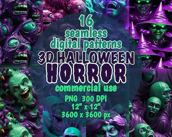 3D Halloween Horror SEAMLESS Patterns Printable Creepy Monsters DIGITAL Papers Bundle Backgrounds