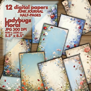 Fiori di campo e coccinelle, prato stravagante, diario spazzatura stampabile, mezze pagine, carte digitali floreali delicate e pittoriche, confezione da campo di fiori soleggiati