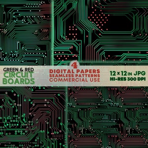 Green & Red Circuit Boards SEAMLESS Patterns JPG Printable Vibrant Circuitry DIGITAL Papers Backgrounds