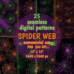 May include: 25 seamless digital patterns of spider webs in various colours, including green, orange, and purple. The patterns are 12 inches by 12 inches and 3600 pixels by 3600 pixels. The text "SPIDER WEB" is in large, bold letters. The text "commercial use" is also included.