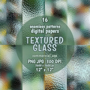 May include: 16 seamless digital paper patterns featuring textured glass in various colours. Each pattern is 3600 x 3600 pixels, 12 inches by 12 inches, and 300 DPI.  PNG and JPG formats are included. Commercial use is permitted.
