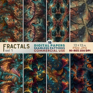 May include: A set of 15 digital papers featuring intricate fractal patterns in shades of teal, gold, brown, and red. The papers are seamless and perfect for crafting, scrapbooking, and digital design projects. The text "Fractals vol 1" and "15 Digital Papers Seamless Patterns Commercial Use" is displayed on the image.