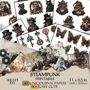 Steampunk Fantasy Art Bundle DIGITALE Papiere & DRUCKBARE Fussy Schnitte - Viktorianisch, Industriell, Mechanisch, Charaktere, Zahnräder, Maschinen, Gadgets