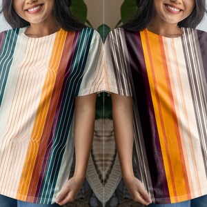 Pode incluir: Duas mulheres vestindo camisas listradas com diferentes combina&ccedil;&otilde;es de cores. As camisas t&ecirc;m um padr&atilde;o de listras verticais com uma variedade de cores, incluindo laranja, amarelo, marrom e azul.