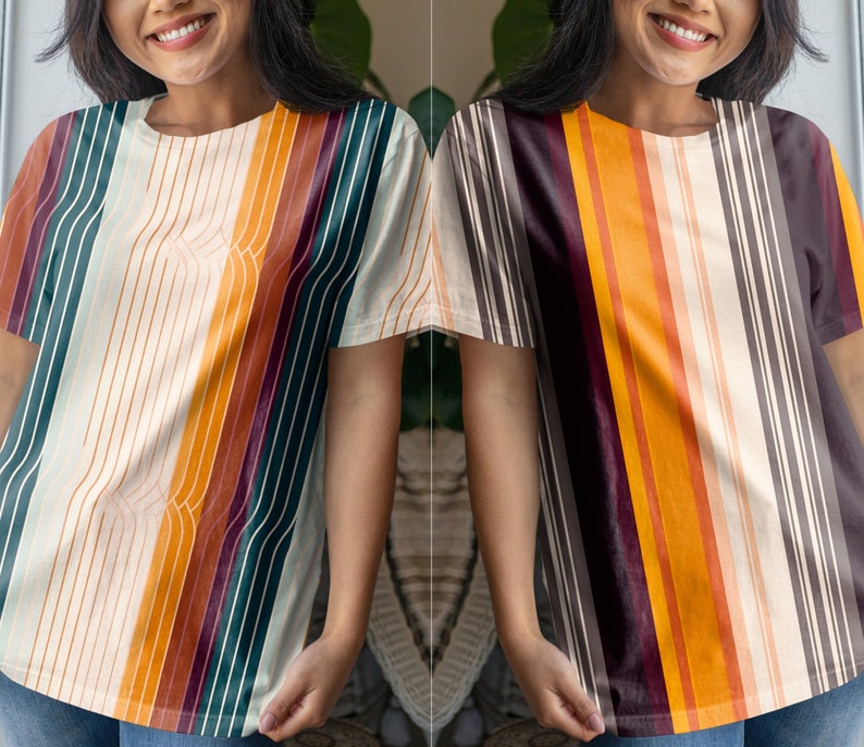 Pode incluir: Duas mulheres vestindo camisas listradas com diferentes combina&ccedil;&otilde;es de cores. As camisas t&ecirc;m um padr&atilde;o de listras verticais com uma variedade de cores, incluindo laranja, amarelo, marrom e azul.
