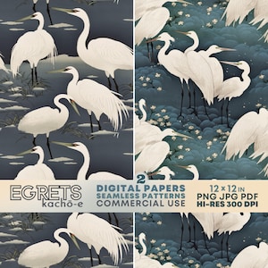 Peut inclure: Deux motifs sans couture de papier numérique représentant des aigrettes blanches sur un fond bleu et gris. Le texte "EGRETS kacho-e" et "2 DIGITAL PAPERS SEAMLESS PATTERNS COMMERCIAL USE" et "12 x 12 IN PNG JPG PDF HI-RES 300 DPI" est inclus dans l'image.