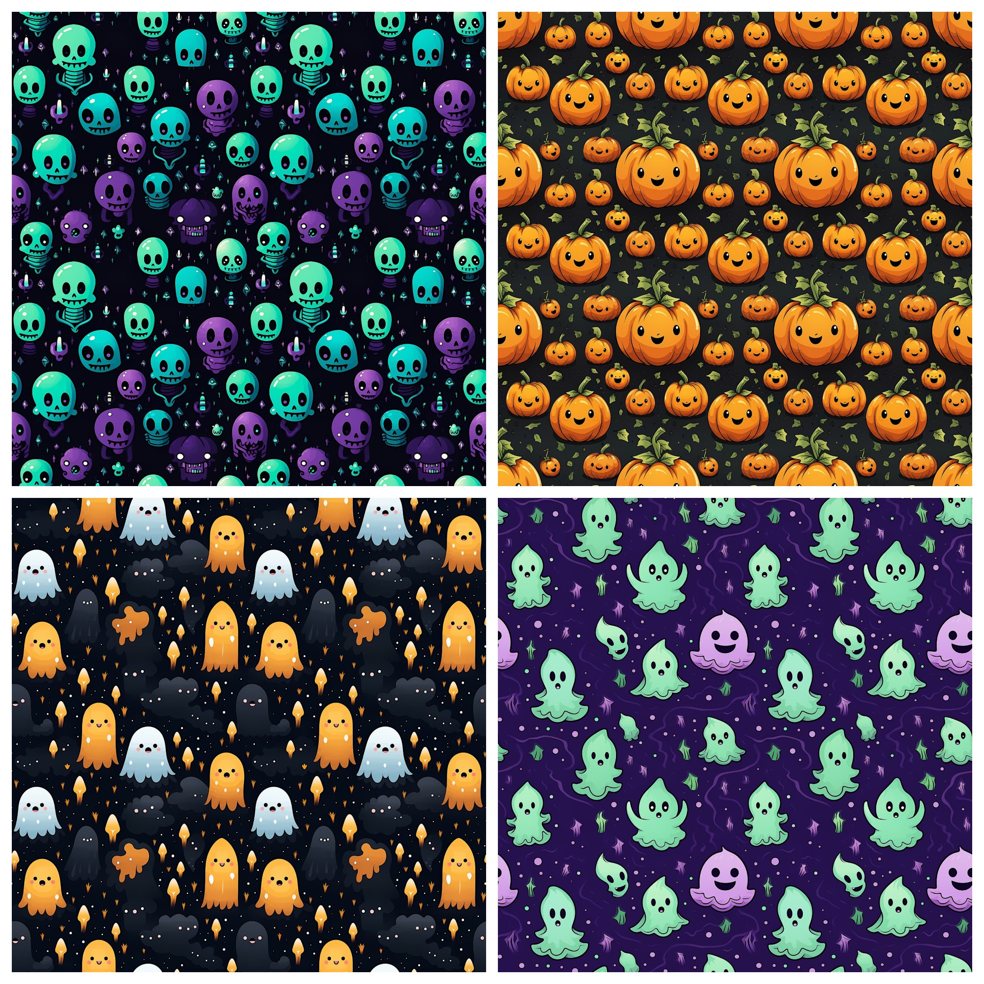 Kawaii Halloween Digital Papers PNG Printable Spooky Seamless Patterns ...