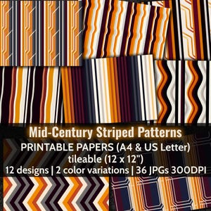 Mid-Century Striped Geometric Patterns PRINTABLE A4, Retro Bold Vertical Wavy Lines SEAMLESS Papers Earthy Organic 60s Curves Ephemera Pages