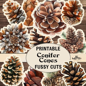 Cônes de conifères, coupes difficiles, pommes de pin imprimables, autocollants pommes de pin, éphémères de la forêt, ensemble de journaux de déchets forestiers, scrapbooking de conifères
