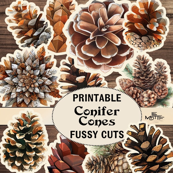 Conifer Cones FUSSY CUTS, Printable Pinecones, Pine Cones Stickers, Woodland Ephemera, Forest Junk Journal Set, Coniferous Scrapbooking