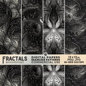 Fractales monocromáticos Papeles DIGITALES Fractales en blanco y negro Patrones INCONSÚTILES Fondos psicodélicos