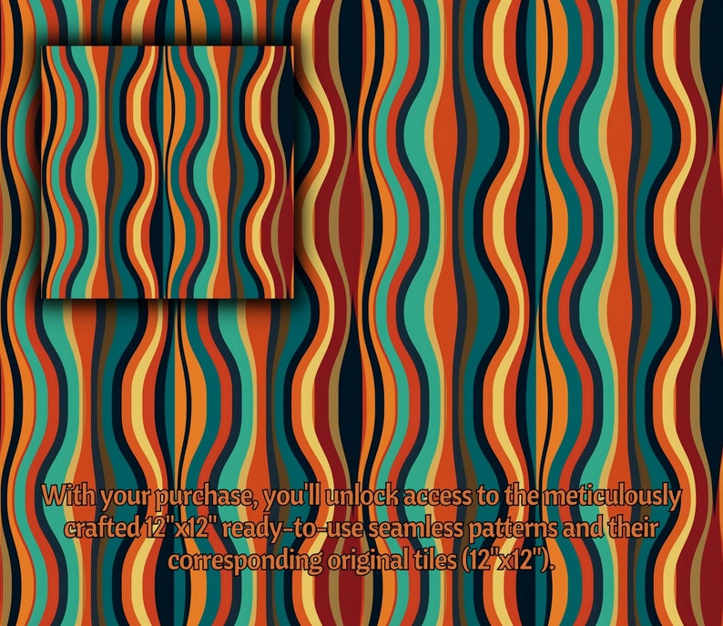 Pode incluir: Um padr&atilde;o sem costura com listras verticais onduladas em tons de laranja, amarelo, turquesa, azul e marrom. O padr&atilde;o mede 30,5 cm por 30,5 cm.