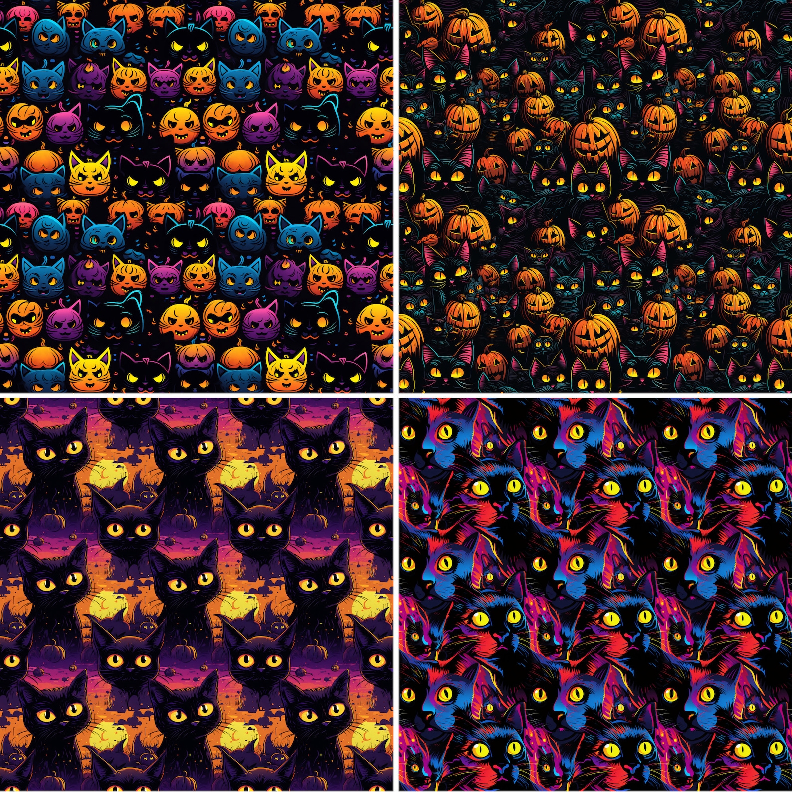 Black Cats SEAMLESS Patterns Bundle Printable Halloween Spooky Cat ...