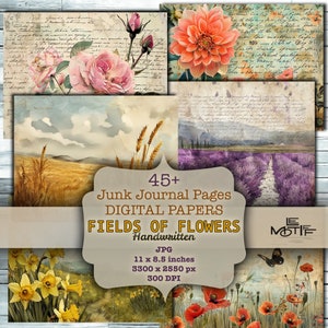Páginas de diario basura de campo de flores vintage, cartas antiguas manuscritas imprimibles, ilustraciones botánicas, fondos florales en mal estado