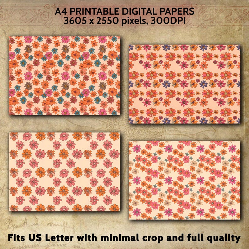 Pink 70s Retro Hand-drawn Doodle Floral PRINTABLE Digital Papers ...