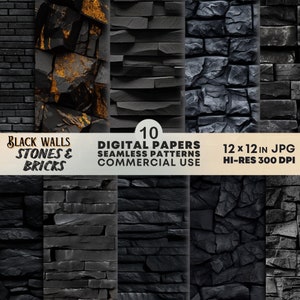 Paquete de texturas digitales de piedra oscura/ladrillo dramático - Fondos de paredes de piedra gótica en negro y gris - Patrones sin costuras de paredes de piedra dramáticas