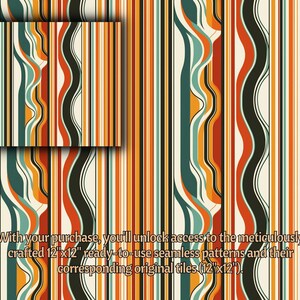 Pode incluir: Um padr&atilde;o sem costura com listras verticais alternadas de laranja, vermelho, preto, branco e azul turquesa. O padr&atilde;o &eacute; repetido em um azulejo quadrado menor no canto superior esquerdo da imagem.