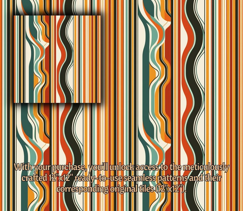 Pode incluir: Um padr&atilde;o sem costura com listras verticais alternadas de laranja, vermelho, preto, branco e azul turquesa. O padr&atilde;o &eacute; repetido em um azulejo quadrado menor no canto superior esquerdo da imagem.