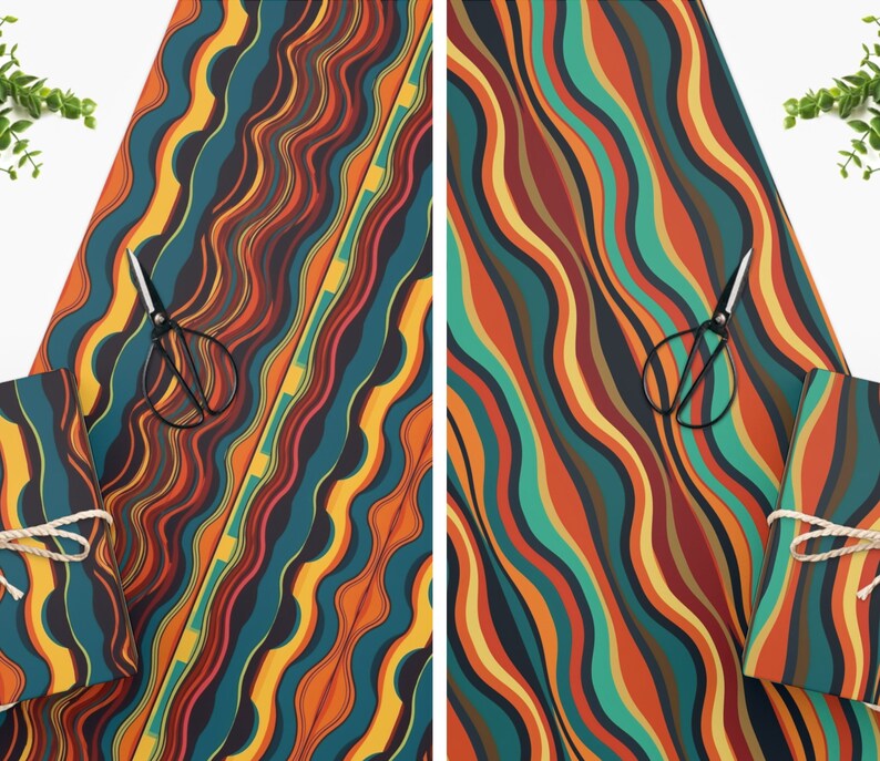 Pode incluir: Duas folhas de papel de embrulho colorido com um padr&atilde;o ondulado abstrato em tons de azul, verde, laranja, amarelo e marrom. O papel &eacute; mostrado com tesouras e um presente embrulhado no mesmo papel.