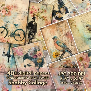 Paquete digital estilo collage narrativo vintage, fondos imprimibles artesanales envejecidos con tonos pastel descoloridos, papeles efímeros de nostalgia vintage