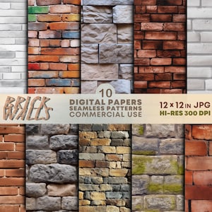 DIGITAL Realistic Brick and Stone Wall Textures Pack | Mixed Classic & Modern Rustic / Urban Brickwork SEAMLESS Patterns and BACKGROUNDS