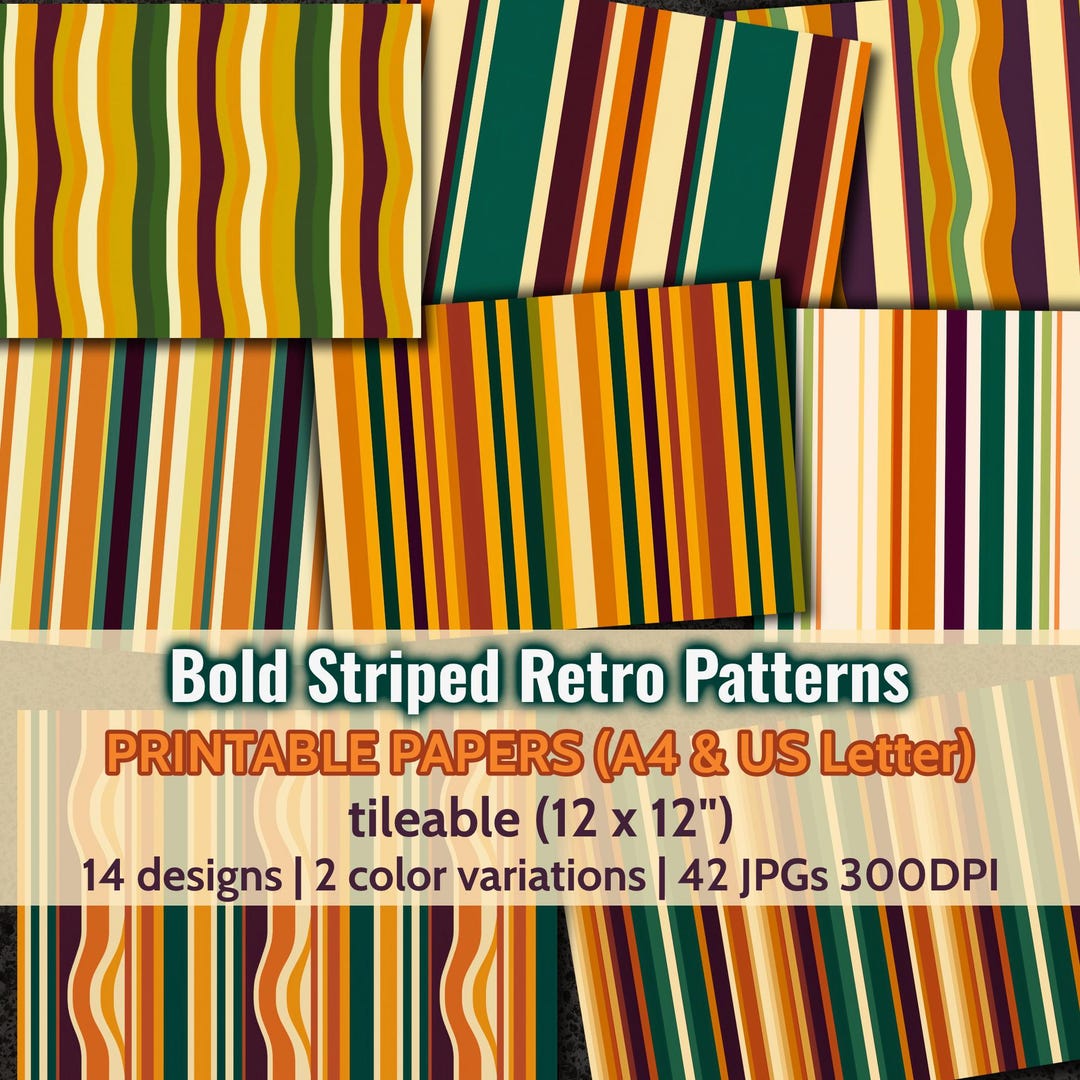 Retro Striped Digital Paper: Mid-century Modern Patterns (A4/US Letter ...