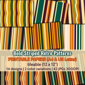 Bold Striped Retro Patterned PRINTABLE Digital Papers, Nostalgic Mid-Century Modern Aesthetic Backgrounds, Vertical Lines Seamless Patterns