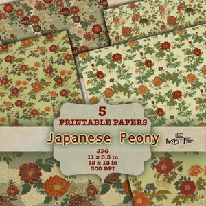 Traditionelle Japanische Pfingstrosen DRUCKBARE Papiere | Elegante Blumen und zarte Blätter SEAMLESS Muster | Stilisierte Chintz Junk Journal Seiten
