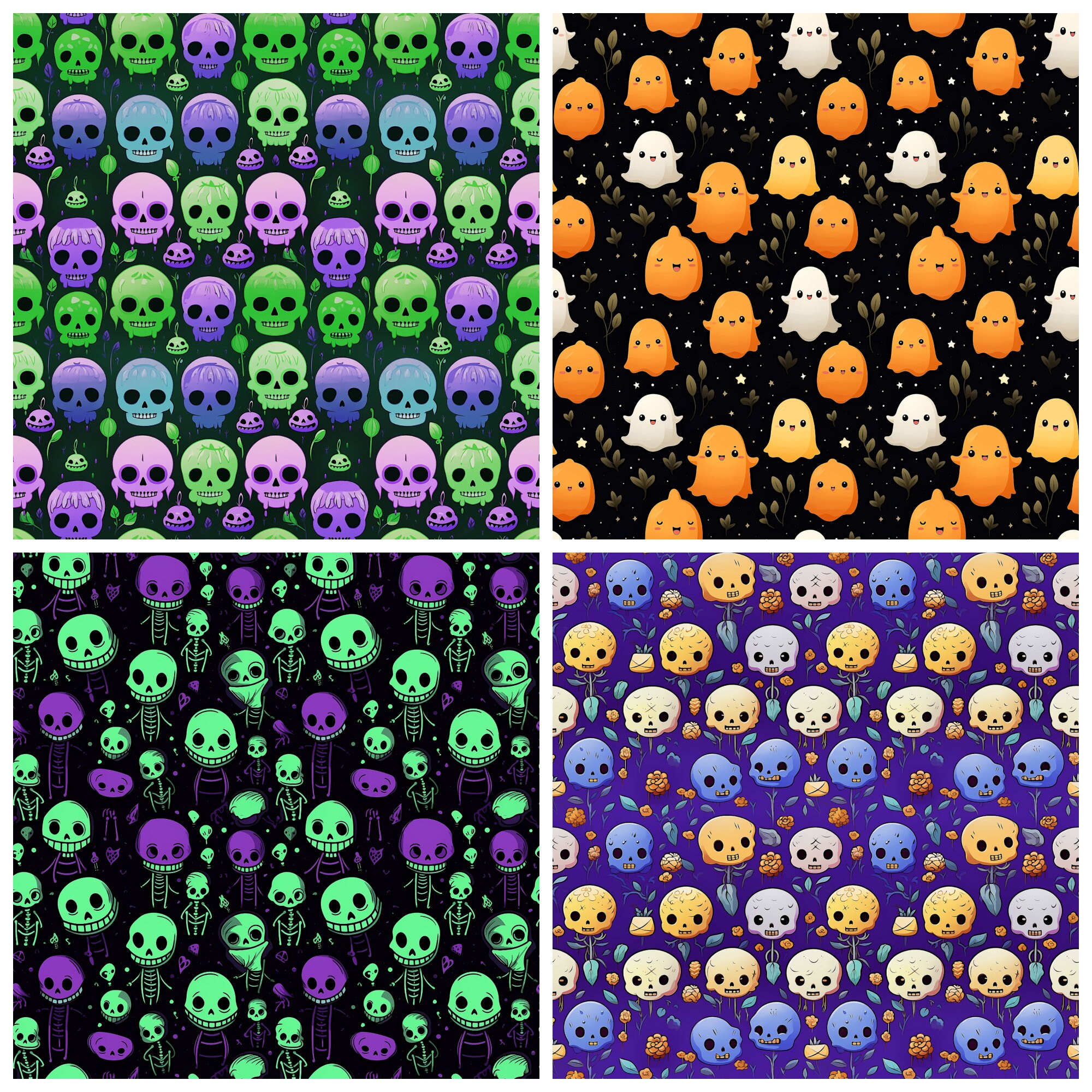Kawaii Halloween Digital Papers PNG Printable Spooky Seamless Patterns ...