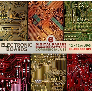 Electronic Boards Digital Papers JPEG Printable Tech Circuitry Seamless Patterns Microchip Backgrounds