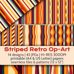 Striped Retro Op-Art Bold Color PRINTABLE Papers | Geometric Nostalgia 70s Stripes Junk Journal Pages Boho Hippie Stripes Seamless Patterns