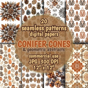 Motifs Cônes de conifères sans couture, papiers NUMÉRIQUES pommes de pin, arrière-plans abstraits géométriques de conifères, scrapbooking nature et motifs éphémères