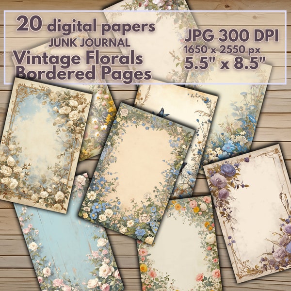 Floral Bouquets Bordered Journal Pages Vintage Illustrated Flowers DIGITAL Papers Ephemera Prints