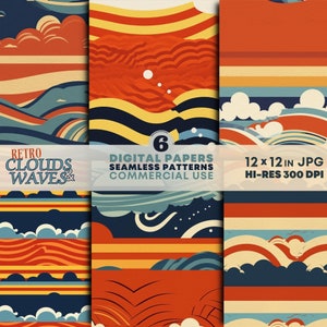 Retro Waves & Clouds Digital Papers JPG Imprimible Retro Ondulado Abstracto Patrones sin costuras