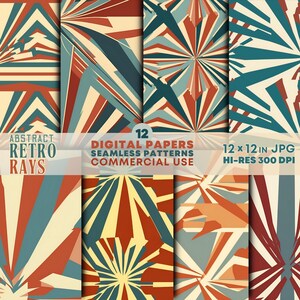 Retro Rays Abstract Digital Papers JPG Printable 70s Retro Sunburst Seamless Patterns Backgrounds