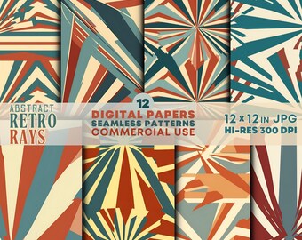 Retro Rays Abstract Digital Papers JPG Printable 70s Retro Sunburst Seamless Patterns Backgrounds