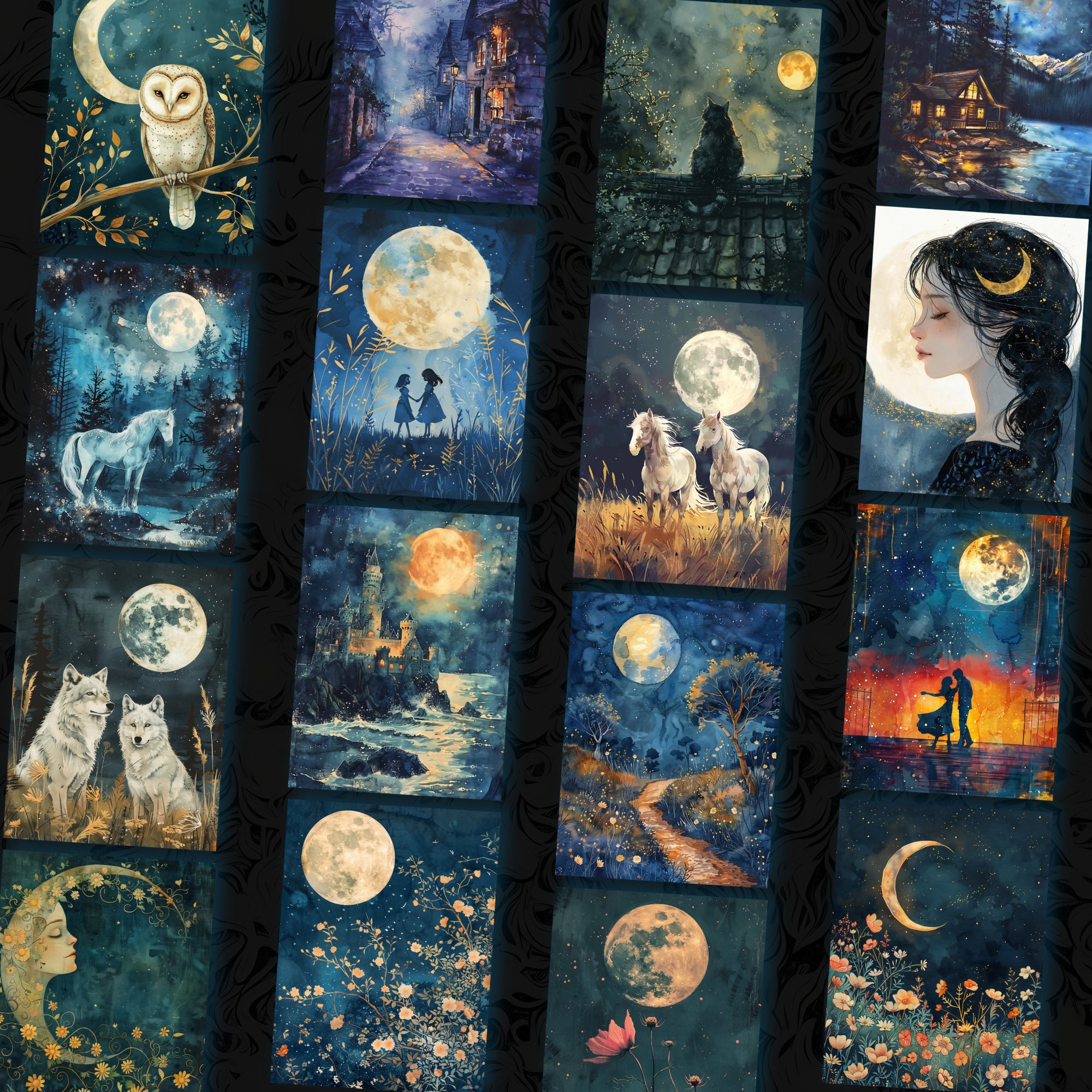 Moonlit Whimsical Art Print Set, Fantasy Castle, Floral (digital ...