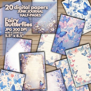 Papiers numériques vintage imprimables papillons et fleurs, pages de journal indésirables fées papillons, impressions éphémères pastel délicates fantaisistes