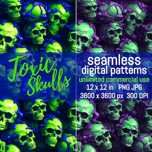 Op de afbeelding: Naadloze digitale patronen met groene schedels met blauwe en groene druipende verf. De tekst "Toxic Skulls" staat in het midden van de afbeelding. De patronen zijn 12 x 12 inch, 3600 x 3600 pixels en 300 DPI.