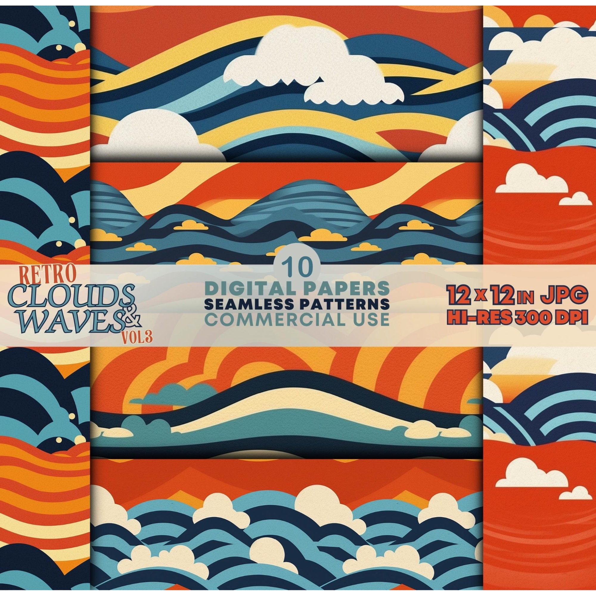 Pop Art Style Waves and Clouds Digital Papers Printable Vibrant Retro ...