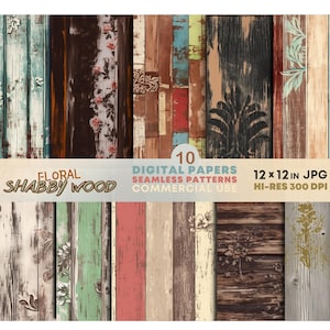Kunstvolle florale Holzbretter NAHTLOSE Muster Beunruhigte Holztexturen & subtile Blumenmotive druckbare Papiere Shabby Chic-Weinlese-Hintergründe