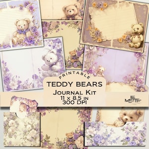 Charmante teddybeer en delicate bloemenranden verouderd, gelinieerd tijdschriftpapier | Schattige paarse teddy brief plakboekkunst digitale bundel