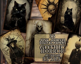 May include: A collection of 36 Gothic Horror digital papers. The images feature a black cat, a wolf in a forest, a skeleton, a figure with a pumpkin head, and other spooky illustrations. The papers are 5.5" x 8.5" in size.