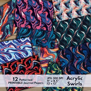 Op de afbeelding: Twaalf digitale printbare journalpapieren met abstracte acryl-wervelpatronen in verschillende kleuren, waaronder blauw, rood, groen en geel. De papieren zijn 11 inch bij 8,5 inch en 12 inch bij 12 inch.