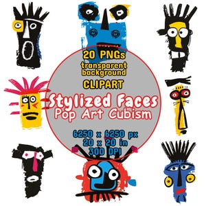 Lot de 20 cliparts visages abstraits cubistes masque tribal - personnage décalé de style graffiti urbain CLIPART lot de 20 fichiers PNG de fond transparent
